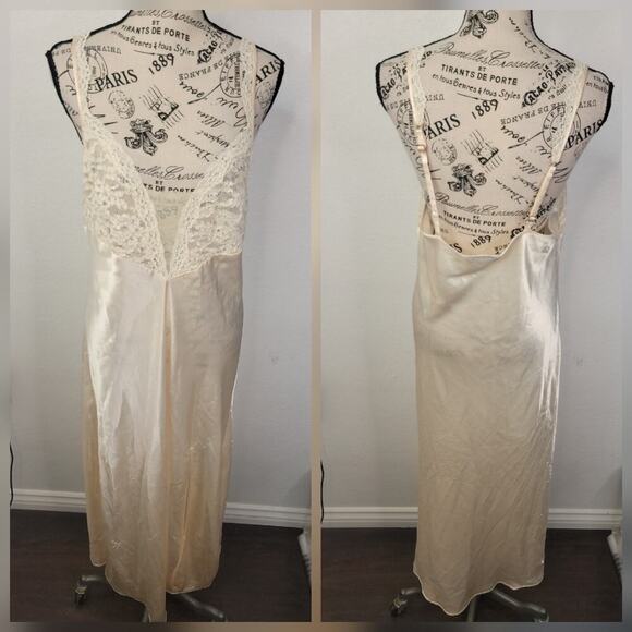 Victorias Secret Satin Maxi Slip Dress Womens Sz L Lace Trim Side Slit Yellow - Picture 1 of 11